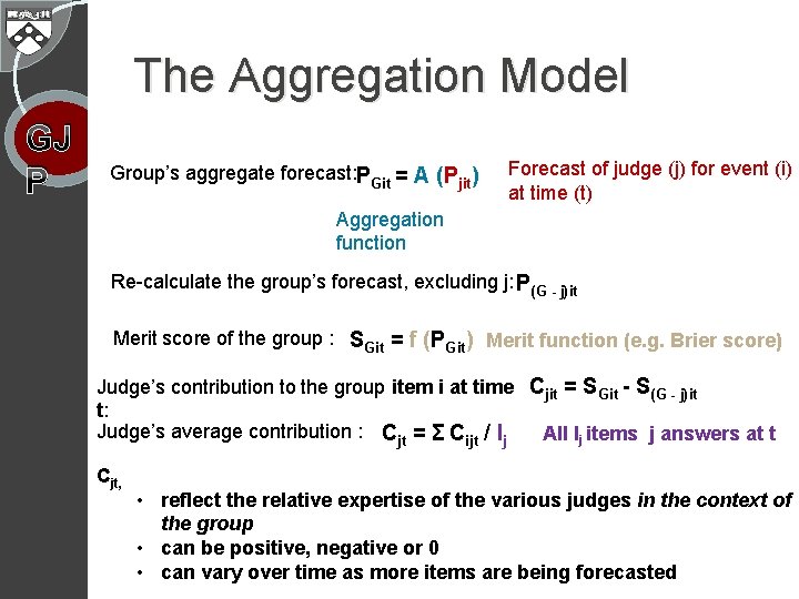 The Aggregation Model GJ P Group’s aggregate forecast: PGit = A (Pjit) Forecast of