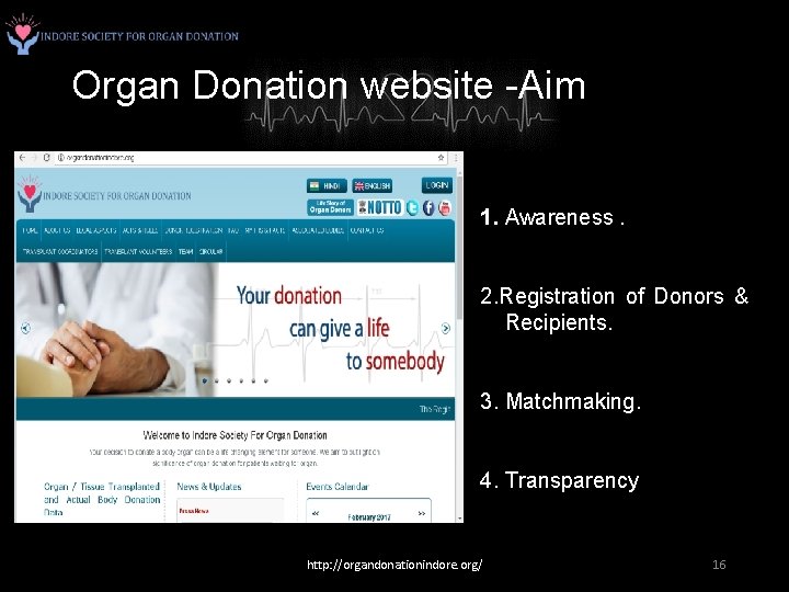 Organ Donation website -Aim 1. Awareness. 2. Registration of Donors & Recipients. 3. Matchmaking.