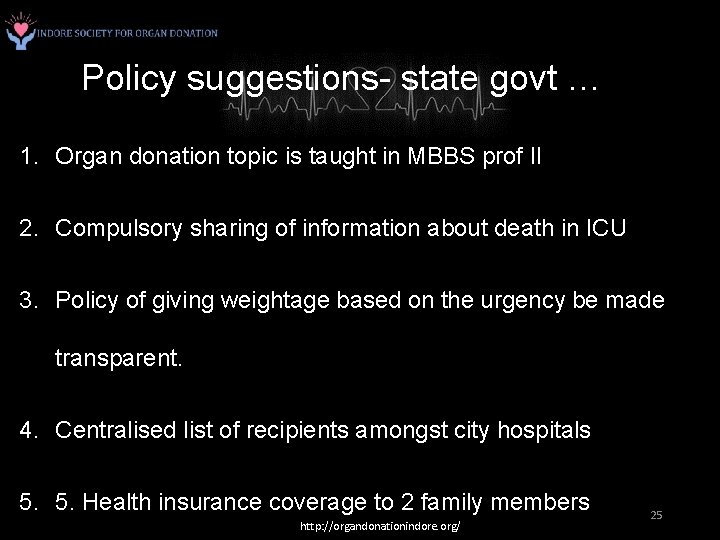 Policy suggestions- state govt … 1. Organ donation topic is taught in MBBS prof