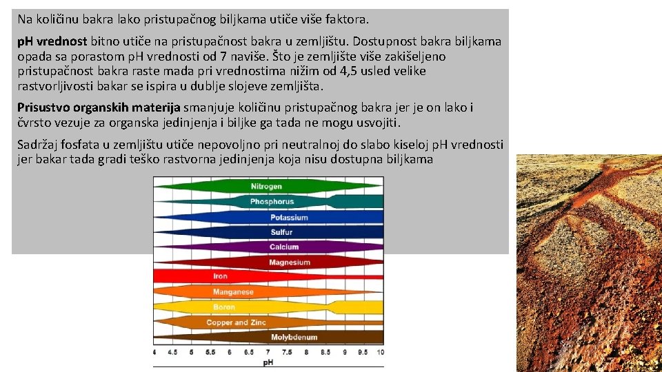 Na količinu bakra lako pristupačnog biljkama utiče više faktora. p. H vrednost bitno utiče