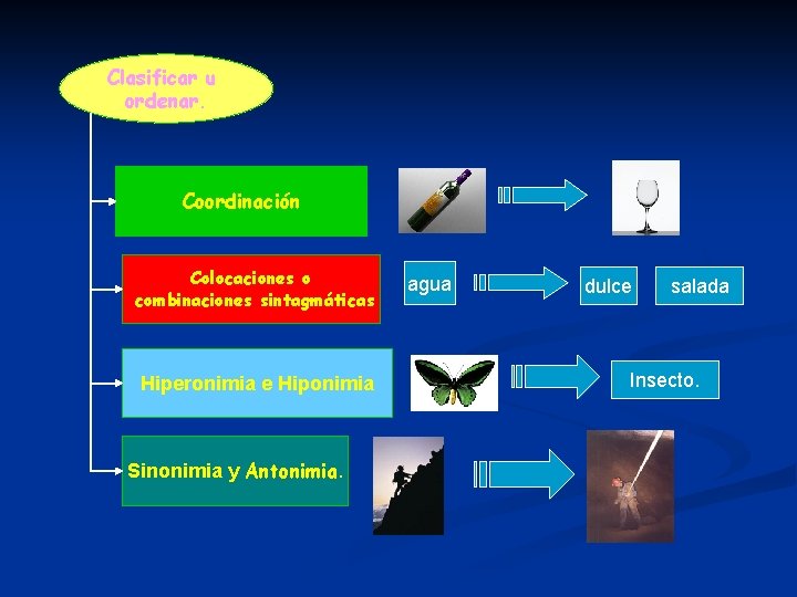 Clasificar u ordenar. Coordinación Colocaciones o combinaciones sintagmáticas Hiperonimia e Hiponimia Sinonimia y Antonimia.