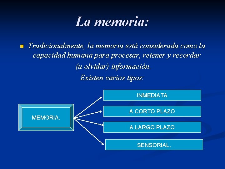 La memoria: n Tradicionalmente, la memoria está considerada como la capacidad humana para procesar,