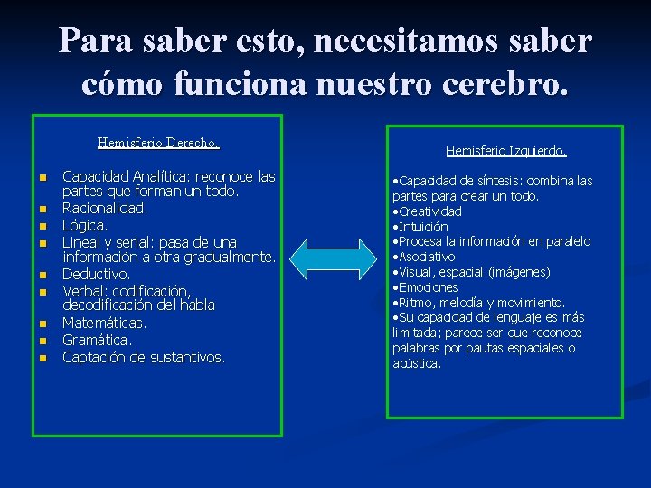 Para saber esto, necesitamos saber cómo funciona nuestro cerebro. Hemisferio Derecho. n n n