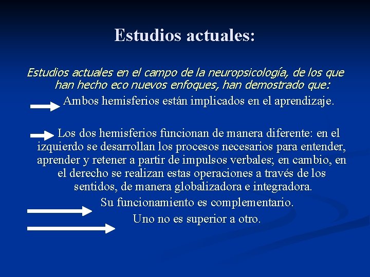 Estudios actuales: Estudios actuales en el campo de la neuropsicología, de los que han