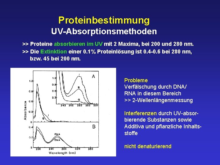 Proteinbestimmung UV-Absorptionsmethoden >> Proteine absorbieren im UV mit 2 Maxima, bei 200 und 280