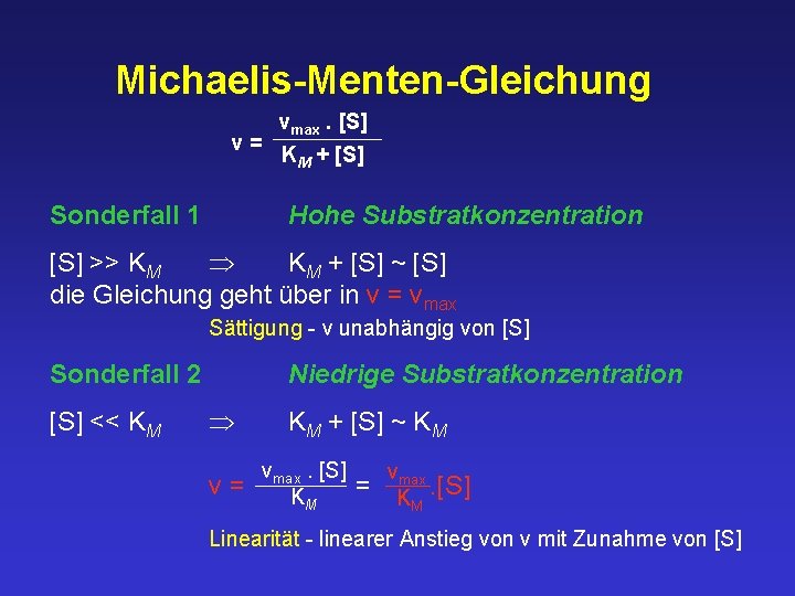 Michaelis-Menten-Gleichung vmax. [S] v= KM + [S] Sonderfall 1 Hohe Substratkonzentration [S] >> KM