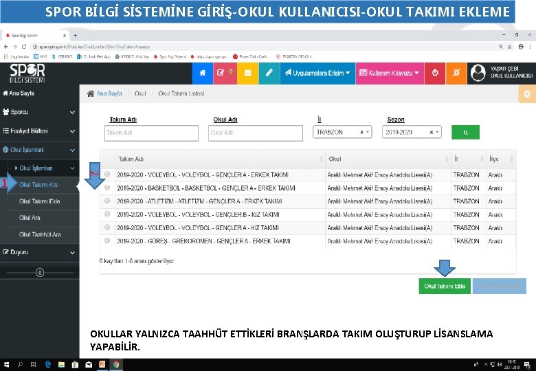 SPOR BİLGİ SİSTEMİNE GİRİŞ-OKUL KULLANICISI-OKUL TAKIMI EKLEME 2 1 OKULLAR YALNIZCA TAAHHÜT ETTİKLERİ BRANŞLARDA