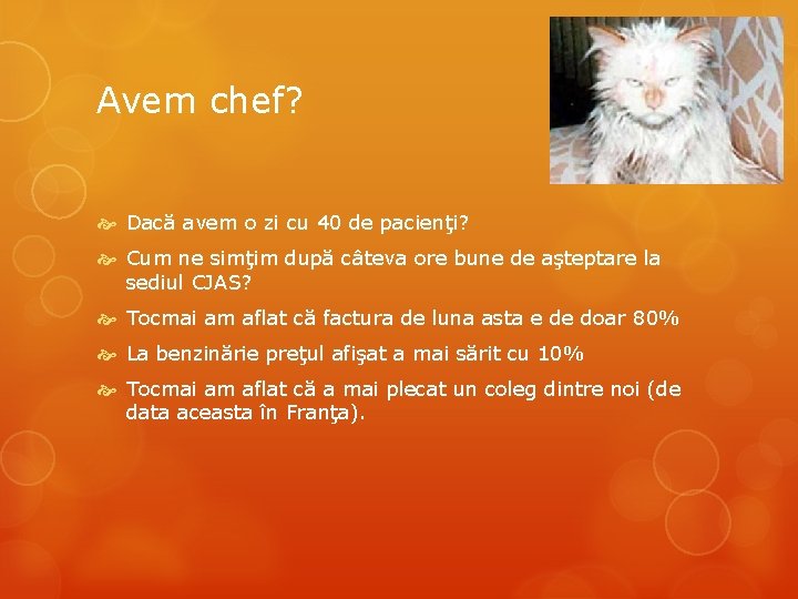 Avem chef? Dacă avem o zi cu 40 de pacienţi? Cum ne simţim după