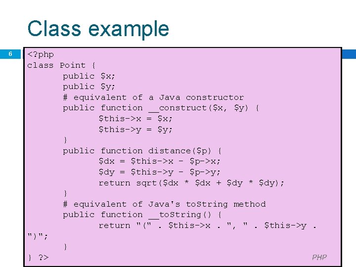 Class example 6 <? php class Point { public $x; public $y; # equivalent