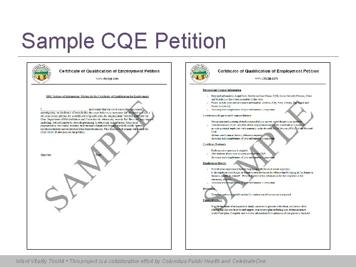 Sample CQE Petition Infant Vitality Toolkit • This project is a collaborative effort by