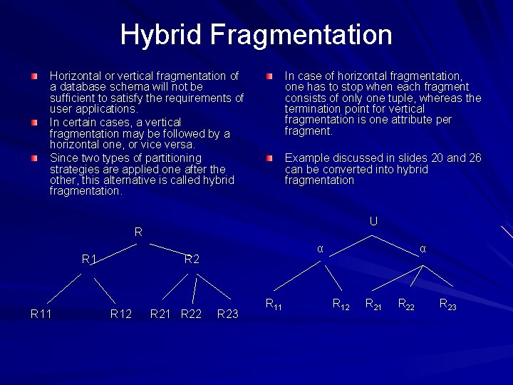 Hybrid Fragmentation Horizontal or vertical fragmentation of a database schema will not be sufficient