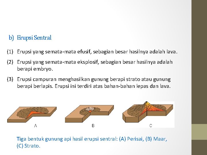 b) Erupsi Sentral (1) Erupsi yang semata-mata efusif, sebagian besar hasilnya adalah lava. (2)