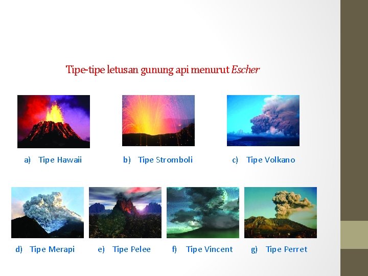 Tipe-tipe letusan gunung api menurut Escher a) Tipe Hawaii d) Tipe Merapi b) Tipe