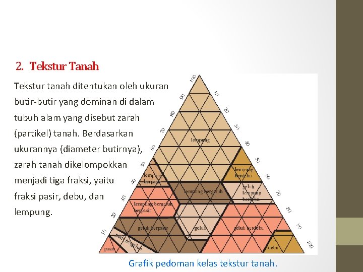 2. Tekstur Tanah Tekstur tanah ditentukan oleh ukuran butir-butir yang dominan di dalam tubuh