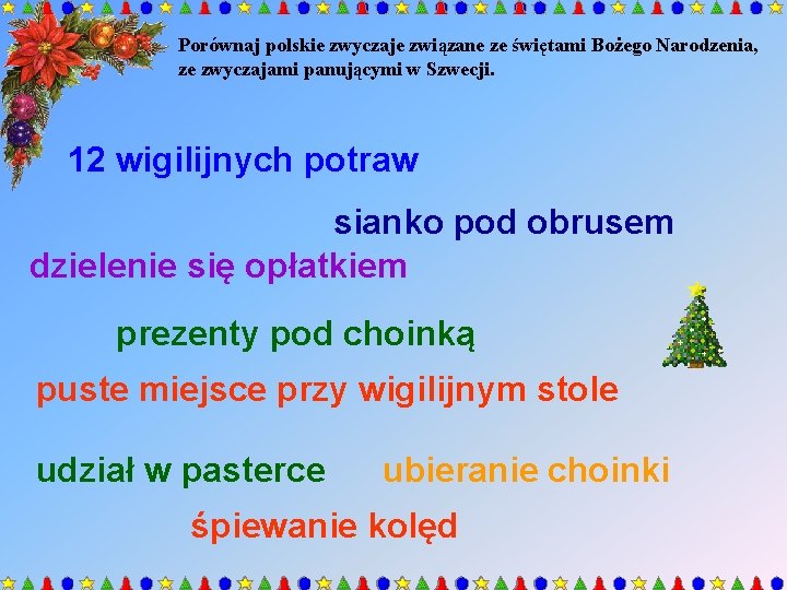 Porównaj polskie zwyczaje związane ze świętami Bożego Narodzenia, ze zwyczajami panującymi w Szwecji. 12