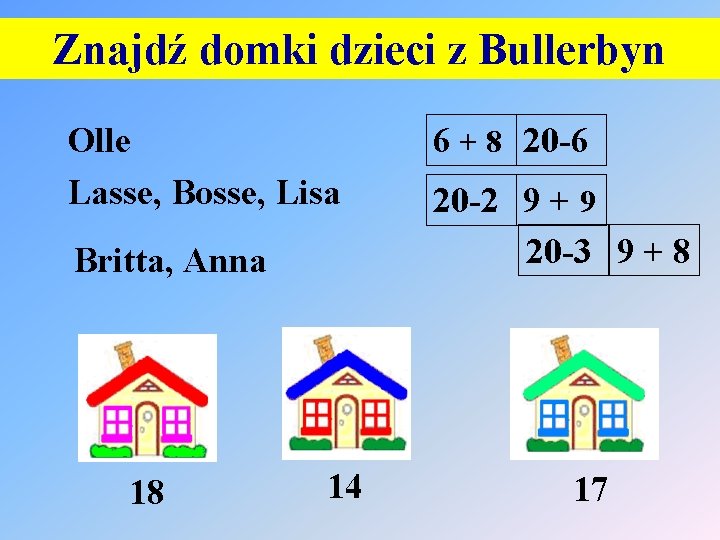 Znajdź domki dzieci z Bullerbyn Olle Lasse, Bosse, Lisa Britta, Anna 18 14 6