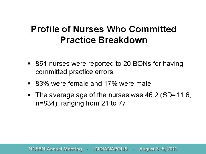 Profile of Nurses Who Committed Practice Breakdown § 861 nurses were reported to 20