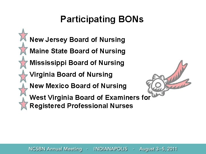 Participating BONs New Jersey Board of Nursing Maine State Board of Nursing Mississippi Board