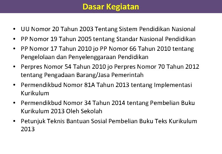 Dasar Kegiatan • UU Nomor 20 Tahun 2003 Tentang Sistem Pendidikan Nasional • PP Dasar Kegiatan • UU Nomor 20 Tahun 2003 Tentang Sistem Pendidikan Nasional • PP