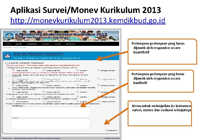 Aplikasi Survei/Monev Kurikulum 2013 http: //monevkurikulum 2013. kemdikbud. go. id Pertanyaan-pertanyaan yang harus dijawab Aplikasi Survei/Monev Kurikulum 2013 http: //monevkurikulum 2013. kemdikbud. go. id Pertanyaan-pertanyaan yang harus dijawab