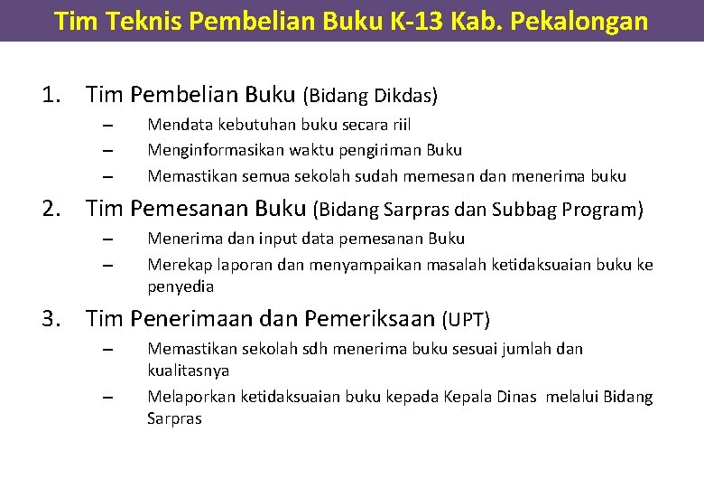 Tim Teknis Pembelian Buku K-13 Kab. Pekalongan 1. Tim Pembelian Buku (Bidang Dikdas) – Tim Teknis Pembelian Buku K-13 Kab. Pekalongan 1. Tim Pembelian Buku (Bidang Dikdas) –
