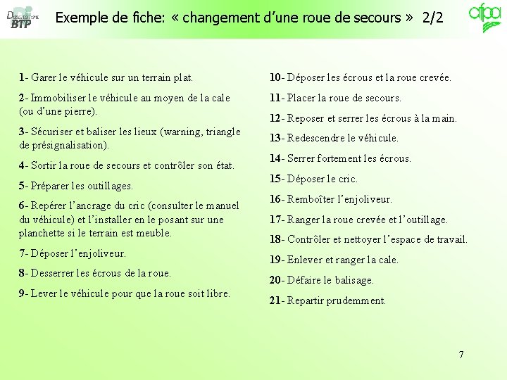 Exemple de fiche: « changement d’une roue de secours » 2/2 1 - Garer