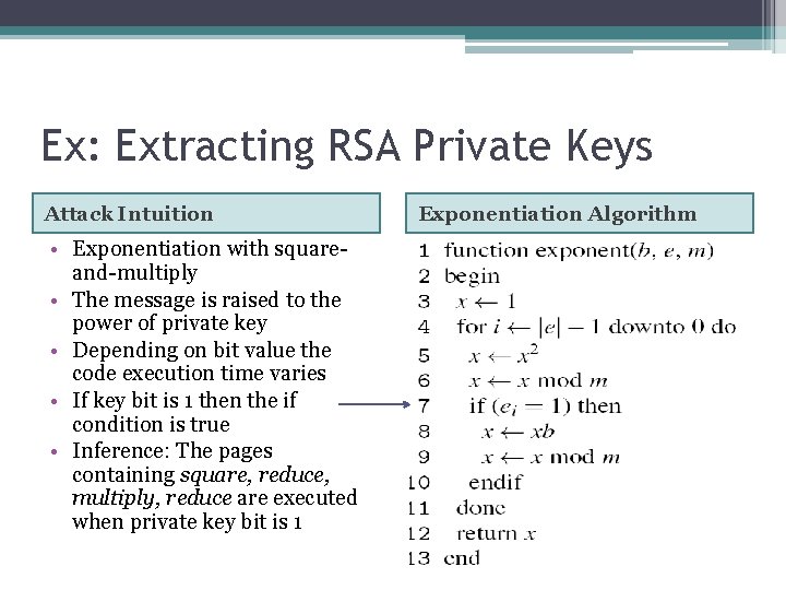 Ex: Extracting RSA Private Keys Attack Intuition • Exponentiation with squareand-multiply • The message