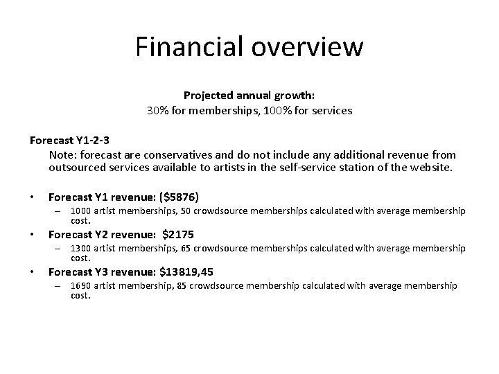 Financial overview Projected annual growth: 30% for memberships, 100% for services Forecast Y 1