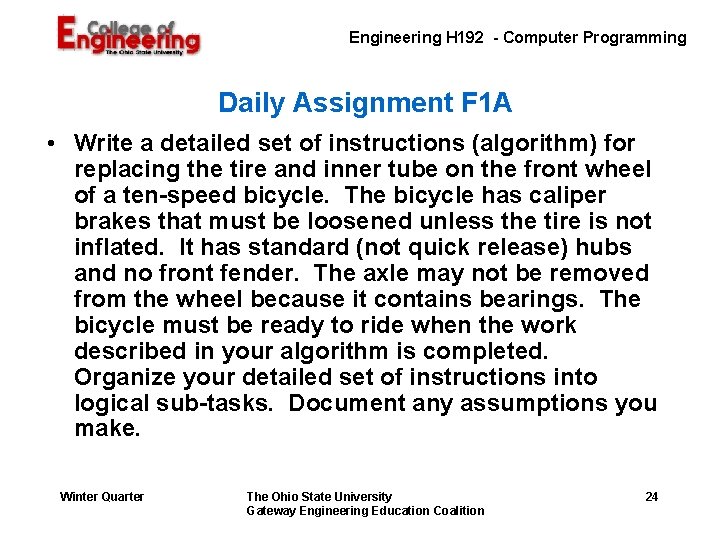 Engineering H 192 - Computer Programming Daily Assignment F 1 A • Write a Engineering H 192 - Computer Programming Daily Assignment F 1 A • Write a