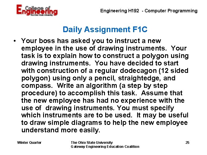 Engineering H 192 - Computer Programming Daily Assignment F 1 C • Your boss Engineering H 192 - Computer Programming Daily Assignment F 1 C • Your boss