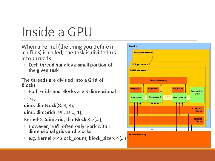 Inside a GPU When a kernel (the thing you define in. cu files) is