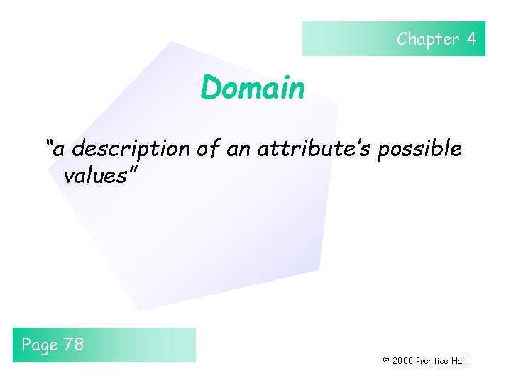 Chapter 4 Domain “a description of an attribute’s possible values” Page 78 © 2000