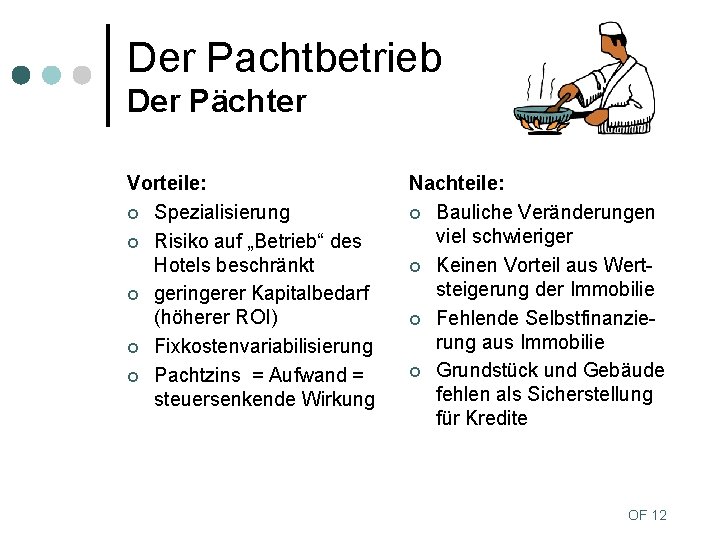 Der Pachtbetrieb Der Pächter Vorteile: ¢ Spezialisierung ¢ Risiko auf „Betrieb“ des Hotels beschränkt