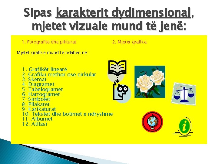 Sipas karakterit dydimensional, mjetet vizuale mund të jenë: 1. Fotografitë dhe pikturat 2. Mjetet