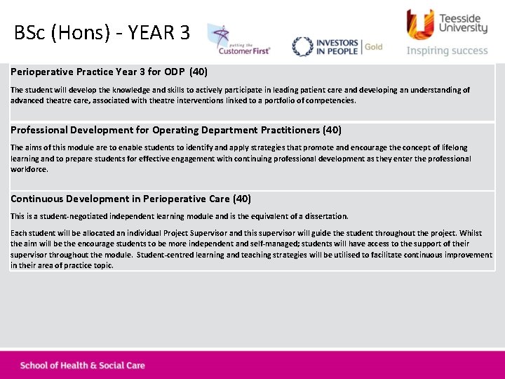 BSc (Hons) - YEAR 3 Perioperative Practice Year 3 for ODP (40) The student