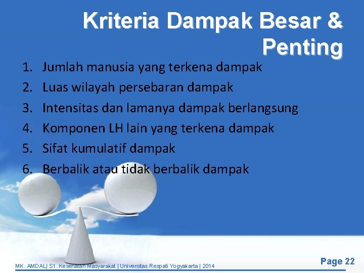 1. 2. 3. 4. 5. 6. Kriteria Dampak Besar & Penting Jumlah manusia yang