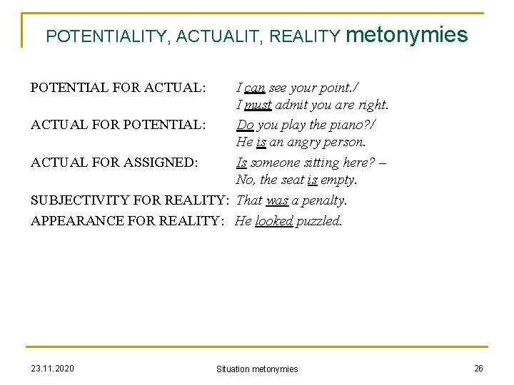 POTENTIALITY, ACTUALIT, REALITY metonymies POTENTIAL FOR ACTUAL: I can see your point. / I
