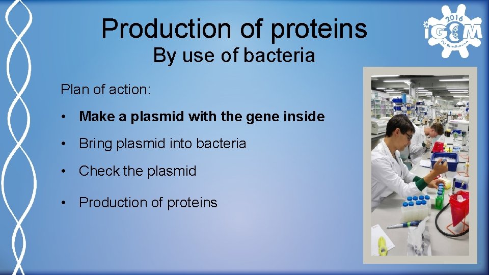 Production of proteins By use of bacteria Plan of action: • Make a plasmid