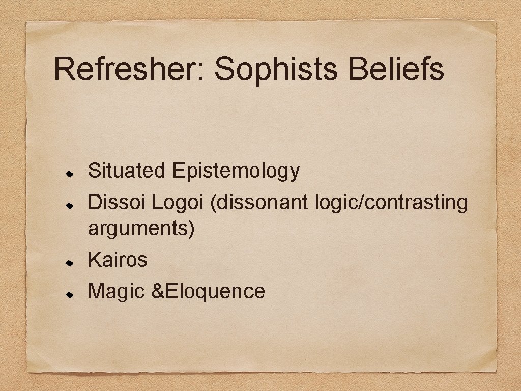 Refresher: Sophists Beliefs Situated Epistemology Dissoi Logoi (dissonant logic/contrasting arguments) Kairos Magic &Eloquence 