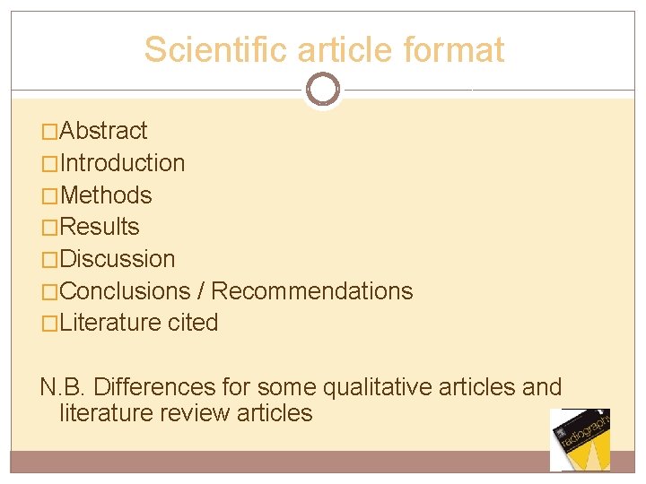 Scientific article format �Abstract �Introduction �Methods �Results �Discussion �Conclusions / Recommendations �Literature cited N.