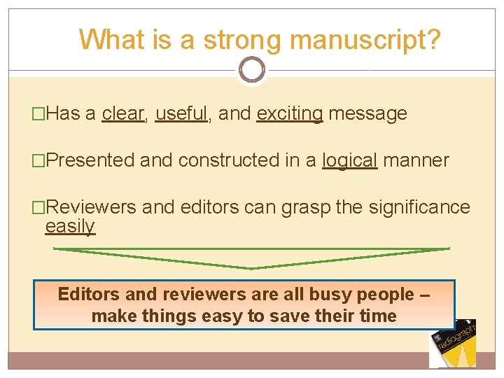 What is a strong manuscript? �Has a clear, useful, and exciting message �Presented and