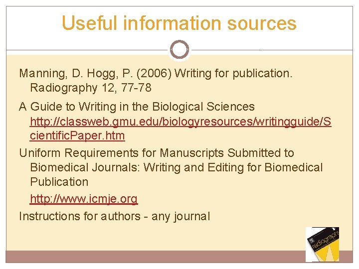 Useful information sources Manning, D. Hogg, P. (2006) Writing for publication. Radiography 12, 77