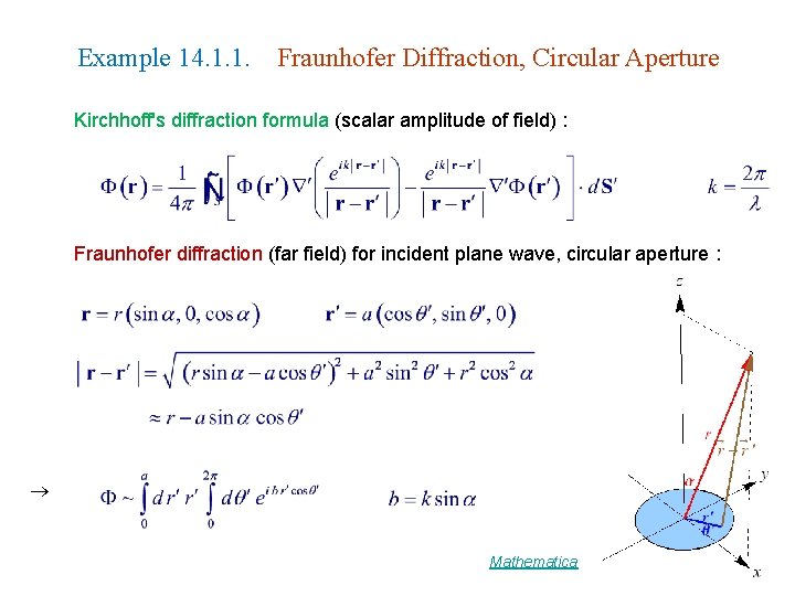 Example 14. 1. 1. Fraunhofer Diffraction, Circular Aperture Kirchhoff's diffraction formula (scalar amplitude of Example 14. 1. 1. Fraunhofer Diffraction, Circular Aperture Kirchhoff's diffraction formula (scalar amplitude of