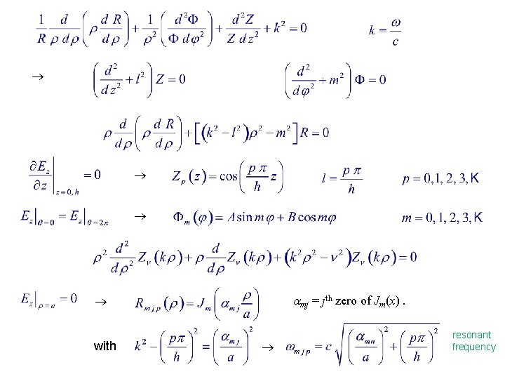 mj = jth zero of Jm(x). with resonant frequency mj = jth zero of Jm(x). with resonant frequency