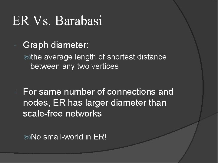 ER Vs. Barabasi Graph diameter: the average length of shortest distance between any two