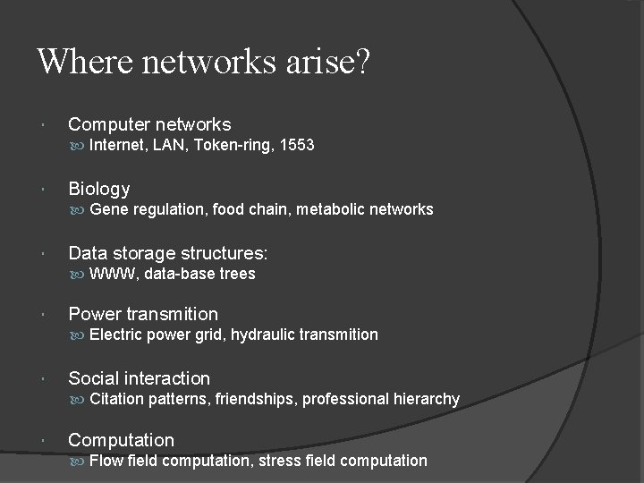 Where networks arise? Computer networks Internet, LAN, Token-ring, 1553 Biology Gene regulation, food chain,