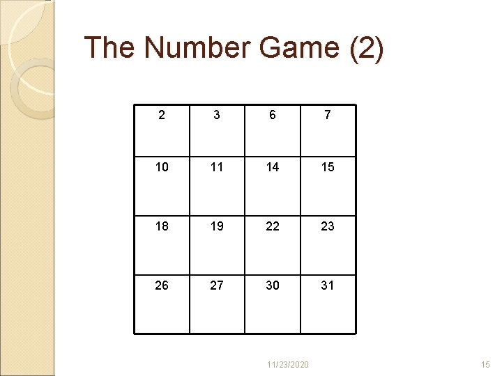 The Number Game (2) 2 3 6 7 10 11 14 15 18 19