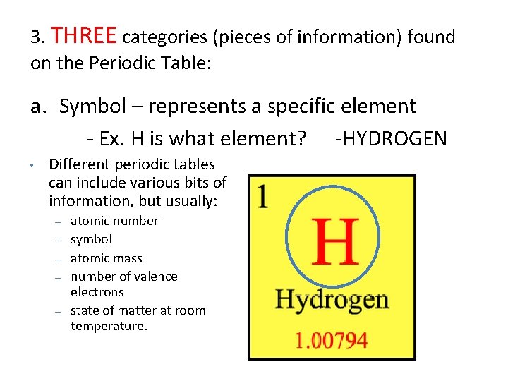 3. THREE categories (pieces of information) found on the Periodic Table: a. Symbol –