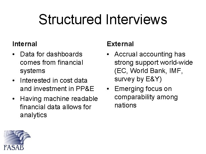 Structured Interviews Internal External • Data for dashboards comes from financial systems • Interested