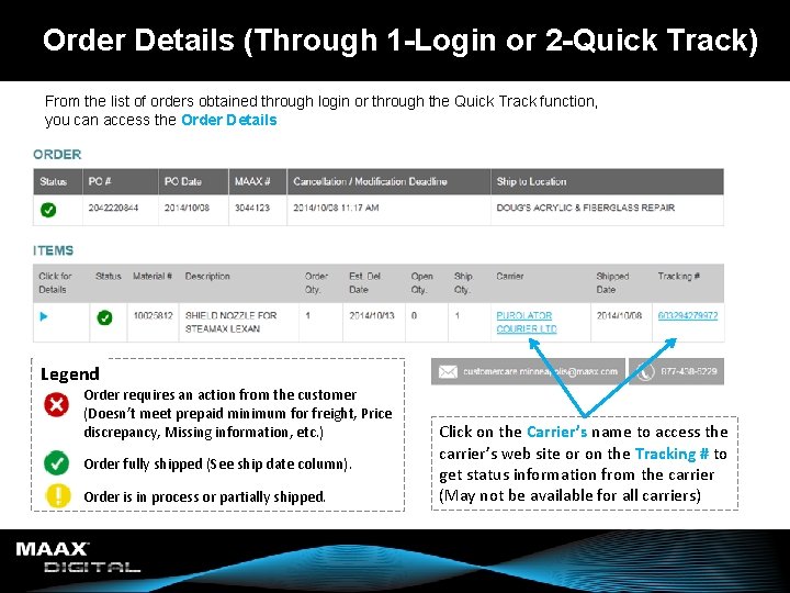 Order Details (Through 1 -Login or 2 -Quick Track) From the list of orders